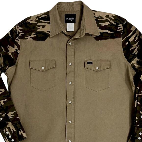 Wrangler Denim Western Shirt Mens XL Tan Camo Pearl Snap Hunting Cowboy - Picture 1 of 9
